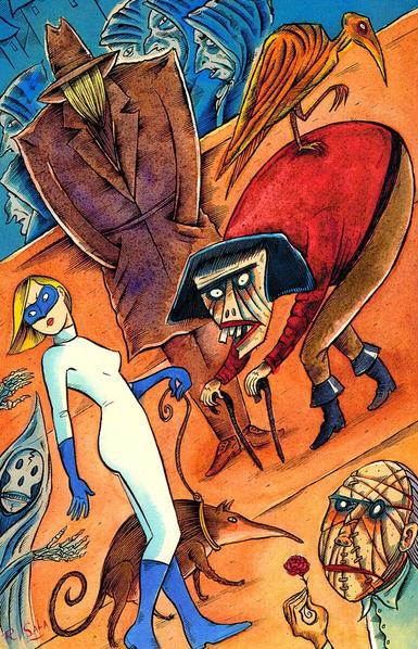 Justine wearing a white skintight uniform with matching blue mask, boots and gloves walks an aardvark while a trenchcoat and fedora-wearing scarecrow and a hunchback with a pet buzzard approaches and a ghoul and disfigured dude holding one red rose wait nearby.