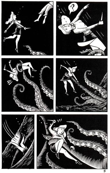 A girl who has just stabbed another girl under the ocean with a knife watches her float to the surface as tentacles surprise her, grabbing her waist and pulling her into a cave.