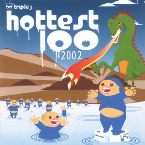 The CD album cover of Triple J's Hottest 100 of 2002, with some blue eskimos in the foreground and a green dragon breathing fire in the background.