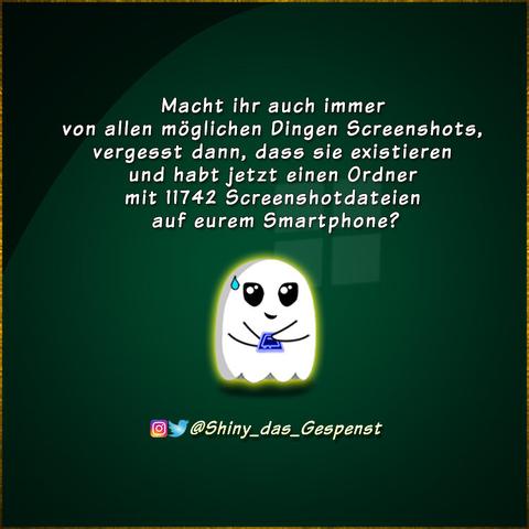 Macht ihr auch immer von allen möglichen Dingen Screenshots, vergesst dann, dass sie existieren und habt jetzt einen Ordner mit 11742 Screenshotdateien auf eurem Smartphone?
Das kleine Gespenst steht mit dem Smartphone in den Händen da und blickt verlegen zur Seite.
