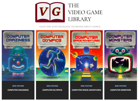 4 colorful book covers of the K-POWER series of books in The Video Game Library, including Computer Craziness, Computer Olympics, Computer Space Adventures and Computer Monsters.