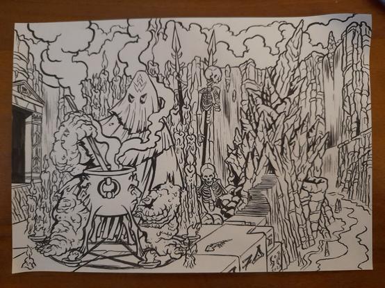 A mutated necromancer brewing a potion in front of his den