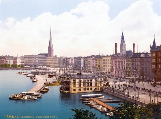 The Jungfernstieg promenade in the Hanseatic city of Hamburg, Germany - a vintage photochrom print from the 1890s. Digitally enhanced to compensate for fading.