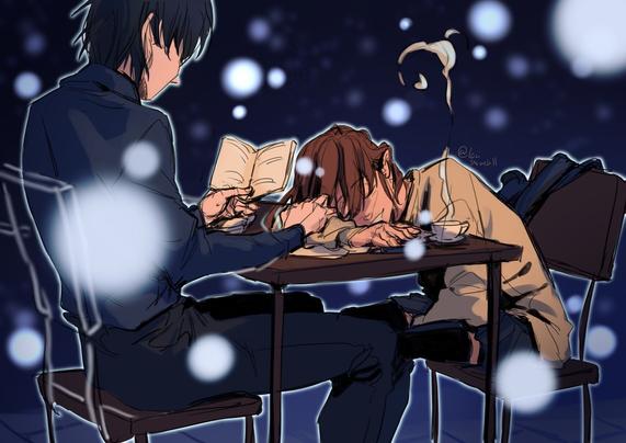 Mai from ghost hunt sleeping by a desk and naru keeping her company