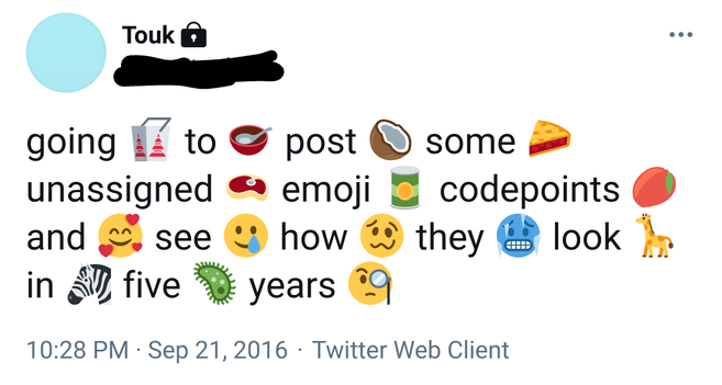 same tweet, approx 5 years later, now every [?] is displayed as a new emoji such as coconut or zebra or germ or smiling face with teardrop