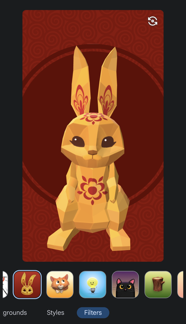 Screenshot from Google Meet mobile app showing Lunar New Year AR filter yellow rabbit with red markings on red background.