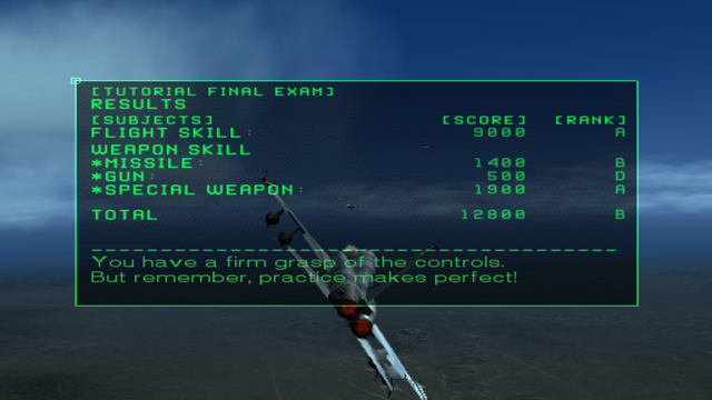 Mission result screen for Tutorial Final Exam

Flight skill: 9000 points, rank A
Weapon skills
* Missile: 1400 points, rank B
* Gun: 500 points, rank D
* Special weapon: 1900 points, rank A

Total: 12000 points, rank B