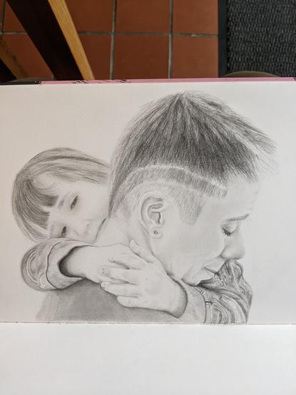 Pencil drawing of mother and daughter hugging