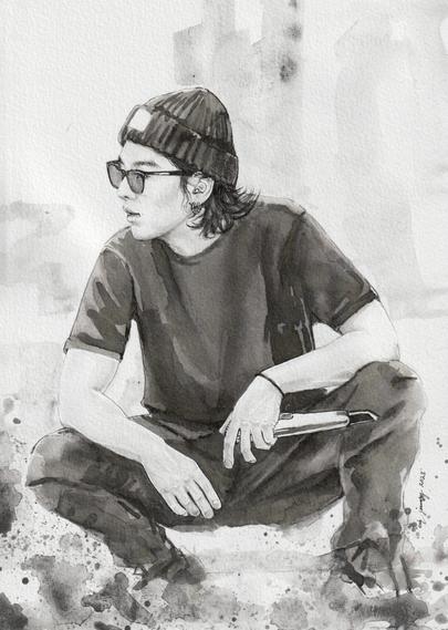 Graphite and In painting of BTS Min Yunki crouching during rehearsals for PTD Busan. He's wearing sunglasses and a beanie and looking to the left (his right)