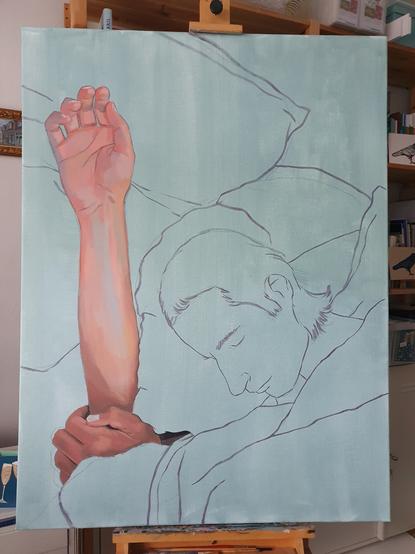 Work in progress. Painting of my boyfriend sleeping. The biggest part of the canvas is still a sketch. Only his stretched arm and his hand holding on to his arm is in colour.