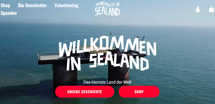 Screenshot der Startseite der Website von SEALAND
Mitten im Meer eine  kleine Plattform. Darüber steht Willkommen in Sealand - Das kleinste Land der Welt"