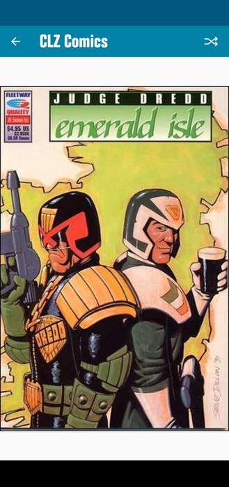 Judge Dredd and Sargeant Joyce stand back-to-back. Dredd holds up a futuristic weapon while Joyce raises a glass of Guinness.