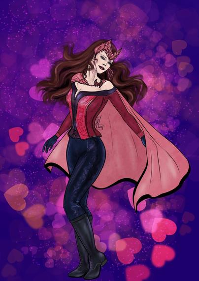 Dessin de Wanda Maximoff (alias la Sorcière Rouge) dans son costume version « all new, all different ». Elle porte une tiare de couleur vieux-rose ornée de strass dans les cheveux, une cape de la même couleur nouée atour des épaules et qui descend jusqu’à mi cuisses; un haut corseté dans les tons bordeaux, vieux rose et noir, orné de broderies; des gants noirs, un pantalon noir orné de broderies, des bottes lacées noires avec un talon plat. 
Elle est représentée en train de virevolter sur elle même, ses longs cheveux bruns ondulés flottent autour de son visage. Elle a l’air perdue dans ses pensées avec un sourire triste.
Le fond de l’image est violet foncé et enrichi d’un nuage de coeurs en dégradé de rose réalisé avec un effet bokeh lumineux