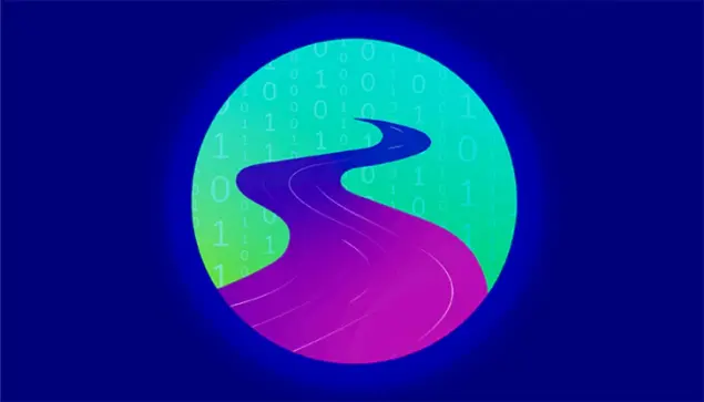 An illustration of a digital "path" going off into the distance. Binary code falls in the background.