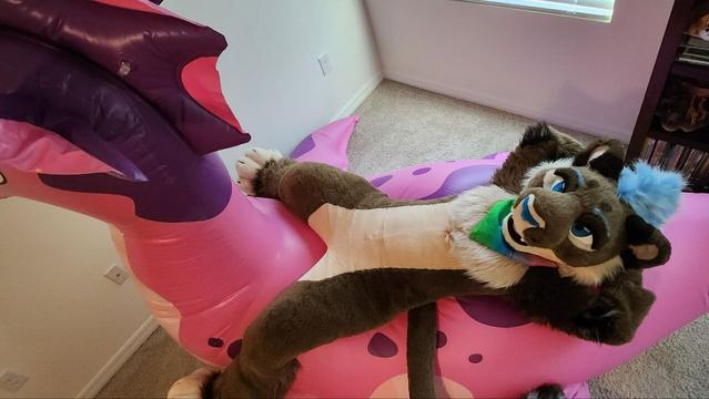 Kazi lioness fursuiter laying on the back of a pink and purple inflatable sea dragon.