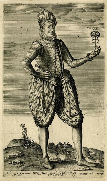 Black and white line drawing of a 16th century man who stands looking toward the right and holding a carnation in his left hand with left arm outstretched.