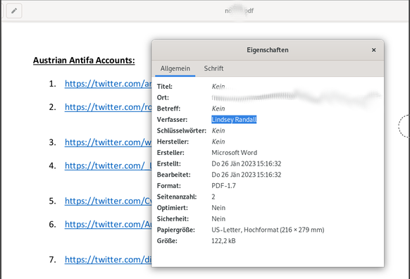 Anzeige "Eigenschaften" des PDF zeigt den Namen der Erstellerin