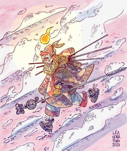 an illustration of Jasper running down a rocky and dusty hill. He is wearing a heavy cloak and goggles with a backpack, holding a mesurement tool mounted on a long staff. Wind is blowing and clouds of dust are grazing the ground. Above him a little flame is glowing. Colours are orange and pink