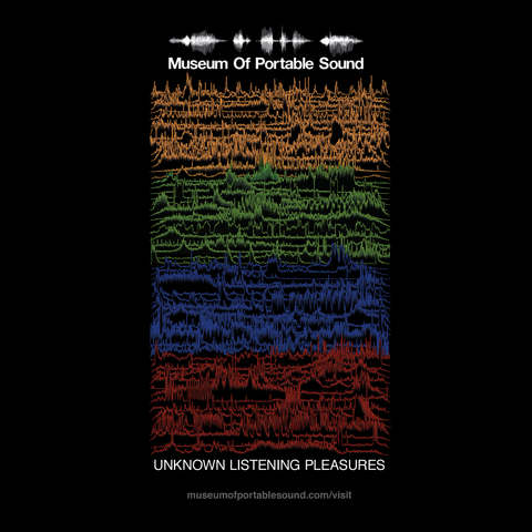 A parody of the cover of Joy Division's Unknown Pleasures album, this black square features the Museum of Portable Sound logo in white at the top above a column of 60 soundwaves grouped by four colours: gold, green, blue, and red (the same colours we use to organise our museum). The soundwaves are all actual sounds in our museum. Below the soundwaves, a headline reads UNKNOWN LISTENING PLEASURES.