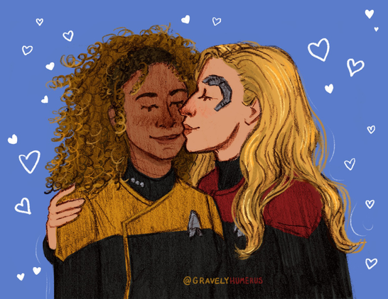 Pencil drawing of Seven and Raffi from Star Trek: Picard. Seven is kissing Raffi on the cheek and both are smiling, both are also wearing starfleet uniforms. They’re coloured digitally with a bright blue background with white hearts. Art by @gravelyhumerus.