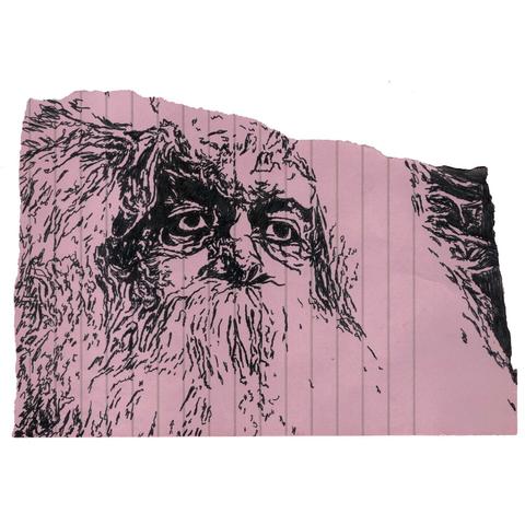 Pen drawing of a disgruntled looking Santa Claus drawn on a torn pink notebook.