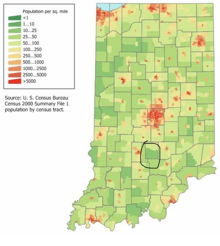 Map of population density in Indiana