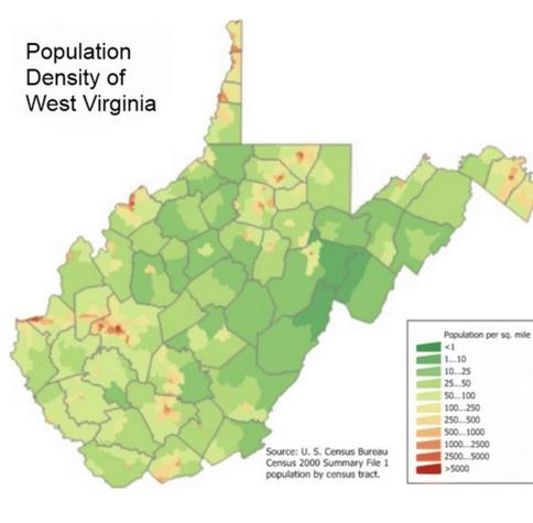 Map of population density in West Virginia