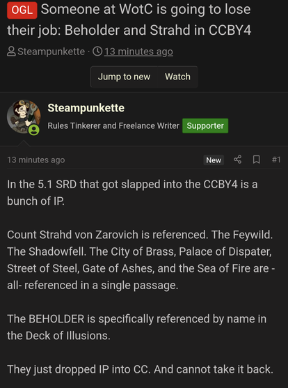 A screenshot of a post pointing out that as a result of the DND 5.1 SRD being posted under Creative Commons with mentions of trademarked items (such as beholders), those items may now also be under the Creative Commons license.