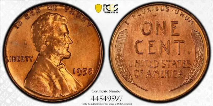 1958 doubled die Lincoln cent, obverse and reverse.