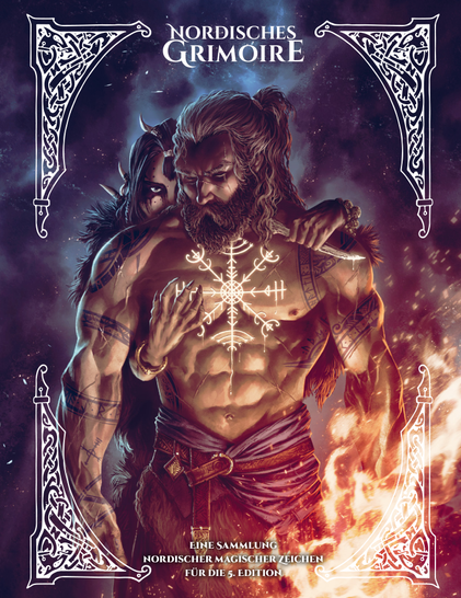 Cover: Nordisches Grimoire für 5e. Ein muskulöser Nordmann mit leuchtendem Galdrastafir-Tattoo