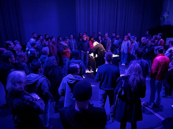 Franck Martin performing at Gray Area in the middle of the crowd.