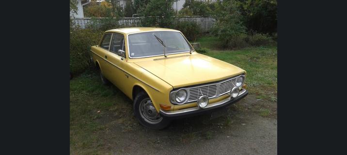Yellow 1972 Volvo model 142 on a lawn.
