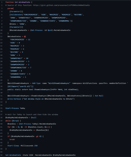 A PowerShell script called Start-TabbyHidden.ps1, which launches Tabby, waits for the main window to appear, then immediately hides it.

Source code here: https://github.com/JamesDBartlett3/PoshBits/blob/main/Start-TabbyHidden.ps1