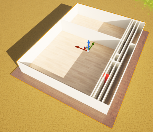 A screenshot of a virtual floorplan in Unreal Engine showing a malformed split that leads to really thin corridors.