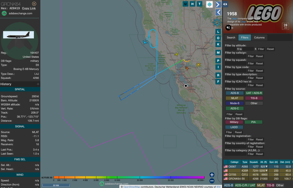 A map of Northern California showing the tracks of military aircraft. Highlighted in the aircraft in question