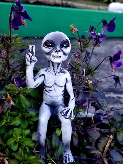 My alien figurine, flashing hand peace sign, sitting in flower pot.