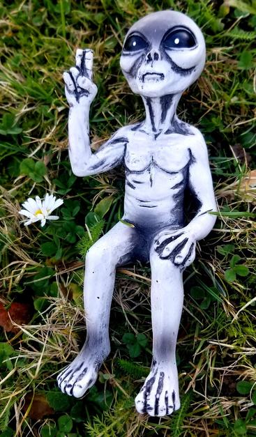 My alien figurine, flashing hand peace sign, sitting in the grass.