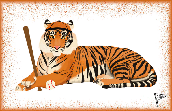 Our tiger mascot is playing baseball, holding a bat with a baseball near the paws.