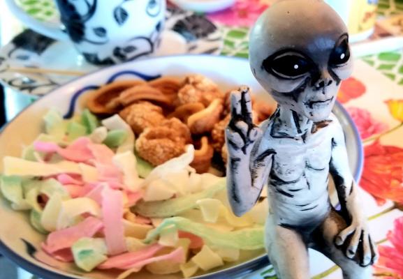 My alien figurine, flashing hand peace sign, sitting on a bowl of Chinese new year sweet snack treats.