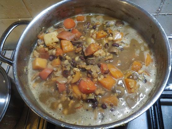 A pot of stew bubbling on the stove
