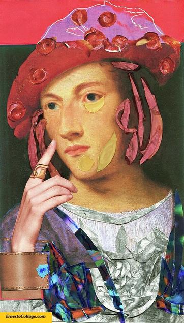 "Youth in Red Cap" is a handmade collage (made from paper and watercolor) depicting a young man deep in thought. He is dressed in rich fabrics of reds and purples, with a black and white lace shirt, suggesting wealth and fashion. His long, undulating brown hair frames his face, indicating his youth and immaturity. He holds his right hand, adorned with a golden ring, up to his cheek as if in contemplation. The red cap he wears is adorned with paper cutouts and his face is painted using geometric shapes to accentuate his eyes and cheeks, while his hair is also adorned with geometric shapes. The overall appearance of the painting is a modern and contemporary take on a Tintoretto painting from the 1500s, with a surreal and structural feel.

Overall, the collage creates a feeling of contemplation and introspection, as the subject's deep thoughts and contemplative pose are reinforced by the use of geometric shapes and the ornate red cap. The use of rich fabrics and the golden ring suggest wealth and status, while the youthfulness of the subject and the modern, contemporary style of the painting add an air of uncertainty and potential for growth and change. Overall, the collage presents a complex image of a young man on the cusp of adulthood, caught between the world of wealth and privilege he inhabits and the unknown possibilities of his future.