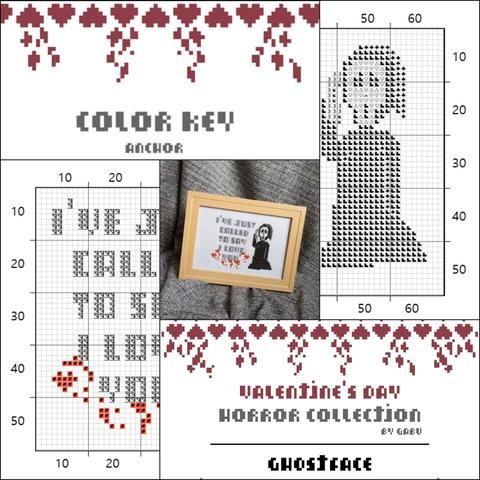Spoilers of the PDF file with the ghost face pattern. There's a picture of the finished project I'm the center, part of the pattern in black white and another one in colors, the title "valentine's day horror collection" and part of the color key for the threads.