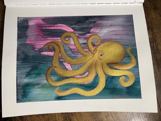 A watercolor of a not great aurora borealis is the background, in pink and turquoise and blue black. Over top is a metallic gold octopus with copper shading, also watercolor.