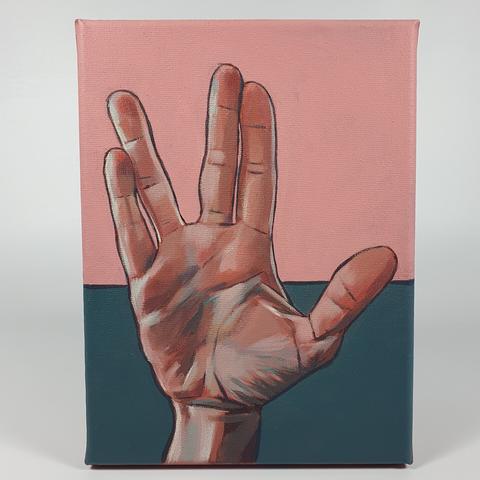 Painting of the handsign from Star Trek: I hope you life long and prosper. Painted in vivid colours, a white hand with a soft pink and deep greenblue background.