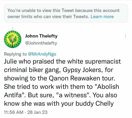 Screenshot of my response to the last image shows I am blocked With text that says "Julie who praised the white supremacist criminal biker gang, gypsy joker's, for showing to the Q and R rea awakened to her. She tried to work with them to abolish antiva. But sure a witness. You also know she was with your buddy chelly."