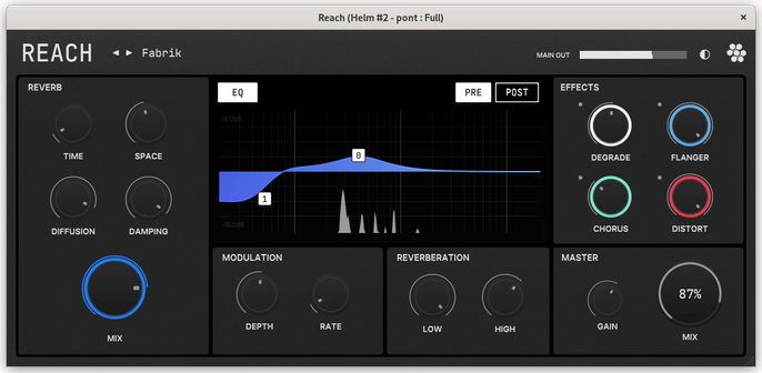 Screenshot of a reverb plugin called Reach, specialized in reverb for electronic music.
