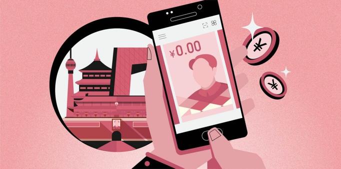 Cartoon illustrative drawing pink and black of a suited man that you only see his hands holding a smartphone with a image of the Chinese Yuan featuring Mao Zedong with two East Asian coins in the background and further in the background a circular portal where we see traditional Chinese buildings.