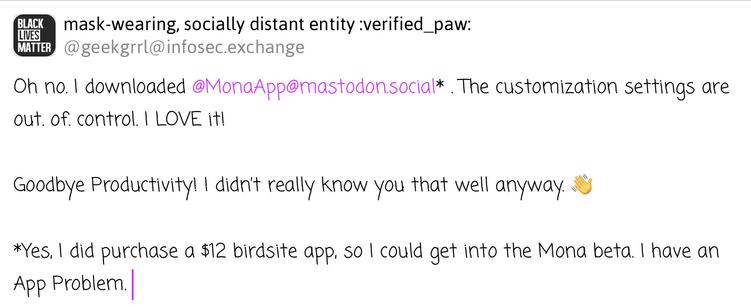 Screenshot of this toot, in Mona, using a custom font.