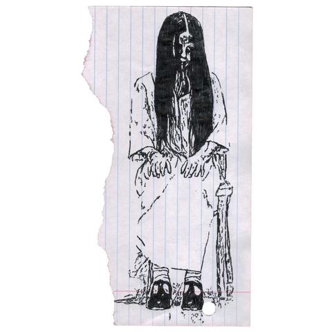 Pen drawing of a creepy little girl witht long dark hair sitting on a chair drawn on a torn notebook page.