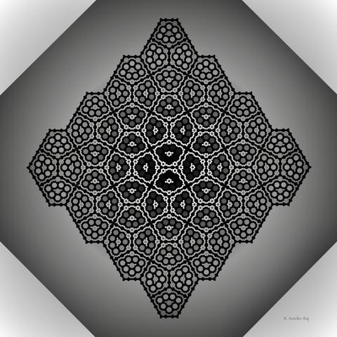 A roughly diamond shaped figure on an angled square shaded from dark in the center to light and dark at the edges.

The main figure resembles a lacy Cairo tiling, but the irregular pentagons of the tiling are made up of black dodecagons at the edges and some rings of black dodecagons inside, with white dodecagons between those groupings and also in the center..